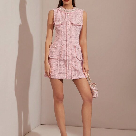 Pink Romantic Women's Sleeveless Plaid Dress with Faux Pearl Rhinestones - Picture 5 of 7